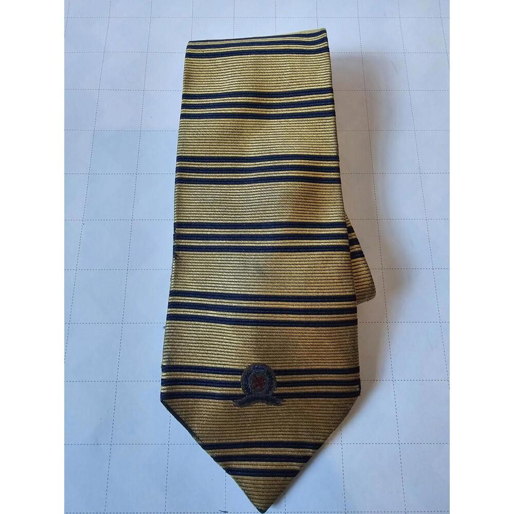 Tommy Hilfiger Men’s Tie Silk Gold Navy Striped Logo Crest Necktie USA